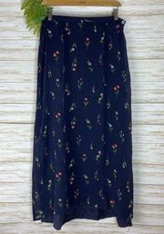 Vintage Myclothes Navy Tulip Floral Print Silk Maxi Skirt