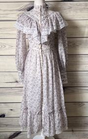 Vintage 70s White & Purple Floral Ruffle Lace Prairie Cottage Dress