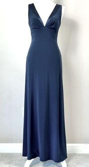 Navy Silk Trim Deep V-Neck Gown