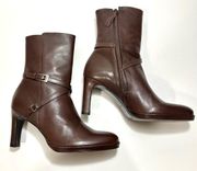 Brown Leather Buckle Heeled Boots