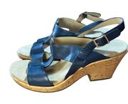 CLARKS Womens Size 10 Blue Cork Wedge Platform Leather Sandals Shoes Comfortable