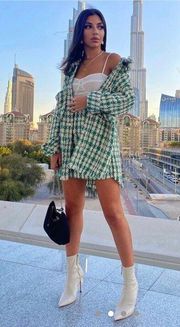 Green White Bejeweled Knit Plaid Mini Skirt