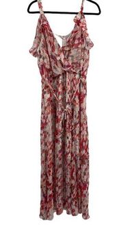 Pink Chiffon Boho Ruffle Cold Shoulder Maxi Tie Wrap Dress Size 14