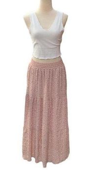 Blush Pink Smocked Waist Floral Tiered Crepe Maxi Skirt Med