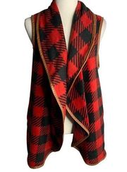 Simply Southern Open Front Fleece Vest S Red Black Buffalo Check Pockets