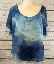 LIVE AND LET LIVE Blouse Sheer w Attached Tank Blue Print w Rhinestone Trim-1X