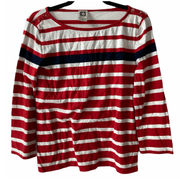 Anne Klein Shirt Womens Medium Red White Striped Nautical Round Neck Long Sleeve