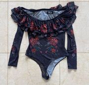 Fabrik Sheer Floral Strapless Bodysuit Sz Medium