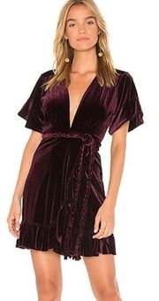 Desma Dress Plum Velvet Wrap Mini Braided Rope Belt Ruffle S