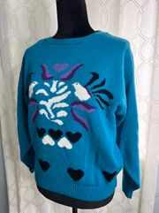 Tans Jay Vintage 1970s 1980s Teal Bird Motif Pullover Crewneck Sweater