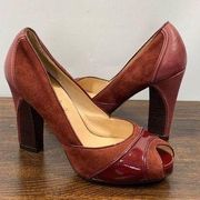 Cole Haan Women's Suede Leather Peep Toe 4” Chunky Heel Pump Burgundy Size 6