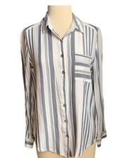 Angels Forever Young Striped Button Down Blouse. Gray/blue and white stripes