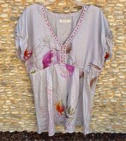 Johnny Was Gray Floral Washable 100% Silk Peasant Blouse. Size Small. EUC!