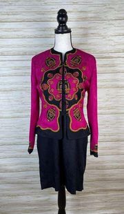 Vintage Adrianna Papel Fuschia Pink Silk Skirt Suit