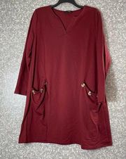 Suzanne Betro Burgundy Plus Size V-Neck Shift Dress - Size 1X - Button Pockets