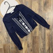 Hollister Embroidered Peasant Top Size XS Navy Blue Long Sleeves