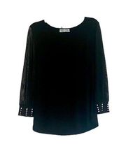 89th and Madison Women's Black Top Small Petite Sheer 3/4 Sleeves Blouse Tunic