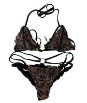 Beach Bunny Black Gold Gunpowder & Lace Bikini Bathing Suit Sz M