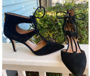 Arturo Chiang Black Suede Ankle Tie Pumps Size 6.5