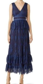 PARKER Women's  Navy Blue Veronica Lace Tiered Sleeveless Maxi Gown Size 10