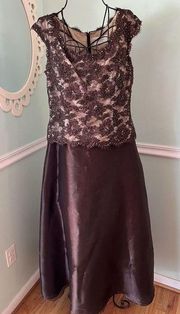 Montage By Mon Cheri Brown Floral Cap Sleeve A Line Formal Gown Dress Sz 10