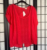 NEW Macy’s Eyeshadow Split Back Lace Detail Scoop Neckline Blouse Top Red Medium