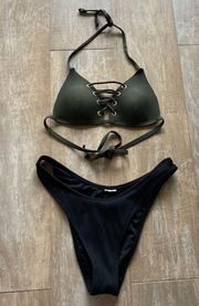 Olive green with gold grommets lace up ribbed black bottom bikini set XS