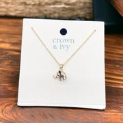 NEW Crown & Ivy Elephant Pendant Necklace Gold Tone Clear Stone Eye Trunk Up