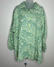 FLAX 100% Linen Green Floral Print Button Front oversized Lagenlook small Boho