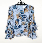 PROSE & POETRY Blue Floral Tiered Ruffle Bell Sleeves Blouse, Size XS