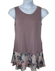 LOGO Tank Top Floral Hem High Neck Tunic Mauve Pink Women's L Casual Mixed Media