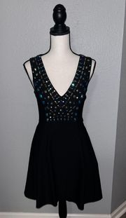 Black Beaded Iridescent Blue/Green Skater Dress Size Small