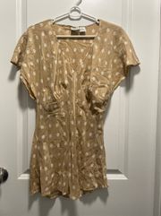 Vintage  Tan With White Polka Dot Short Sleeve Blouse In Size 8 Large Or Medium