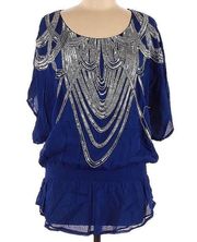 Vintage y2k  Blue Blouse Lightweight Sequins Beads Elastic Waist L