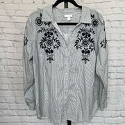 Westport Striped Embroidered Cotton Button Down Blouse Size 2X