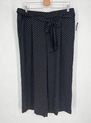 NWOT Halogen Wide Leg Crop Pants Sz L Black White Polka Dot Sash Belt