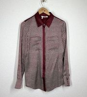 Derek Lam 10 Crosby Silk Check Print Top Size 8 Button Front Burgundy White