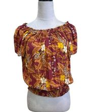 Rachel Zoe Burnt Orange and Burgundy Floral Short Sleeve Blosom Blouse Size S