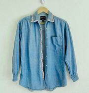 Vintage Denim and Floral Embroidered Shacket Pink Rose Light Wash Jean Jacket Chambray Shirt