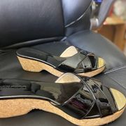 Authenticated  Black Leather Wedge Heel Slide Sandals