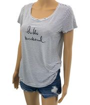 Dressbarn Sunday (S) White Black Striped Hello Weekend Tee Top Short Sleeve