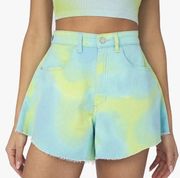 WEWOREWHAT Revolve Flare Bell Shorts Stretch Denim Tie Dye NWT Blue Festival