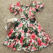 ✨ Pink Green Floral Open Neck Dress