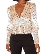 Lulus Top Chic Upgrade Champagne Polka Dot Velvet Smocked Blouse Womens Sz Small