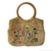Vintage brown tan floral flower embroidered small straw top handle bag