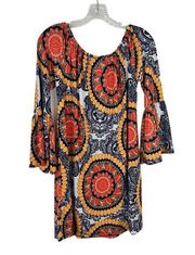 Newbury Kustom Tunic Top Blouse Bell Sleeves Bright Bold Print Sz Small