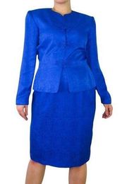 1990s Adrianna Papell Cobalt Blue Satin Two Piece Vintage Skirt Suit Set Large