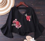 Embroidered Rose Flare Sleeve Blouse