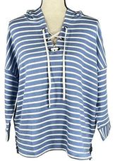 Style & Co Large Hooded Sweatshirt 3/4 Sleeve Stretch Lace-Up Neck Hi-Low Stripe