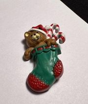 1985 Hallmark Cards Brown Bear In Stocking Candy Cane Christmas Brooch Pin